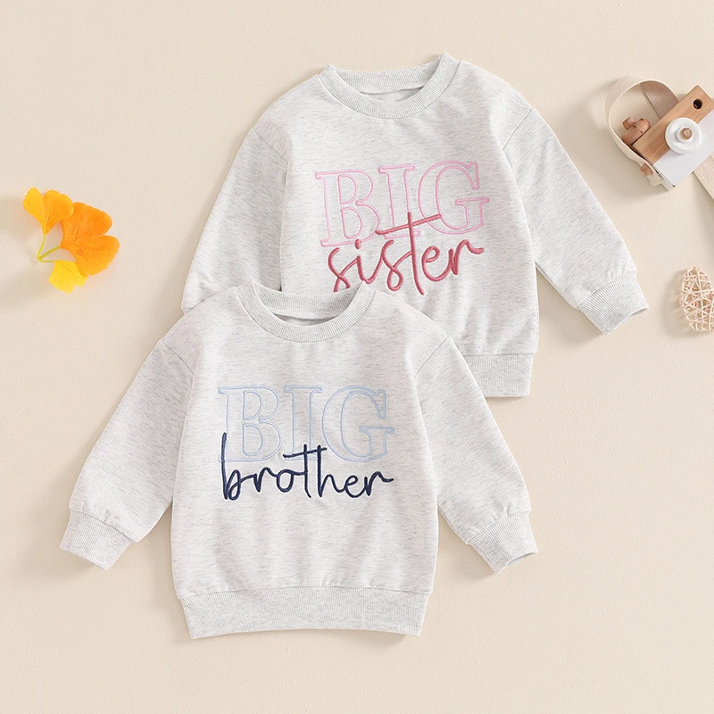 2024-05-27 Lioraitiin Girls Boys Sweatshirts Sister Brother Matching Clothes Letter Embroidery Crew Neck Long Sleeve Pullovers