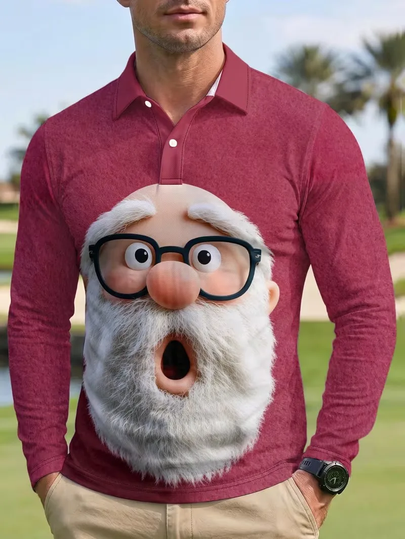 Men's Fun 3D Santa Claus Printed Long Sleeve Polo Shirt, Collar Button Golf Top, Christmas Holiday Party Casual Breathable Top