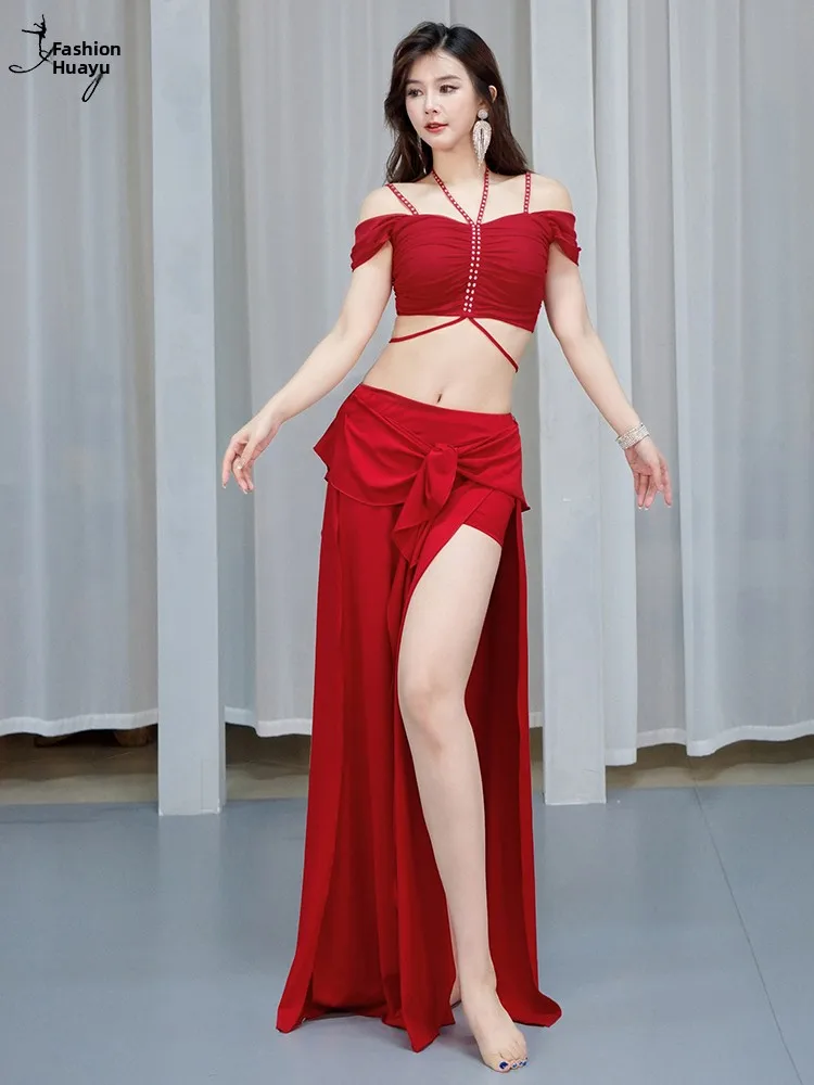 

Sexy Belly Dance Costume Set 2026 New Square Collar Eastern Dance Elegant Long Skirt with Slit Practice Suit Cotton Polyester
