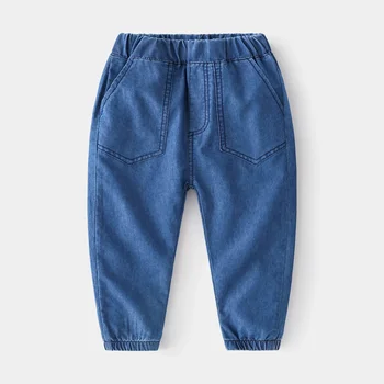 1-6Y Kids Boys Jeans Korean 2026 Spring Elastic Waist Denim Pants with Pockets Stylish Soft Autumn Casual Solid Color Trousers 3
