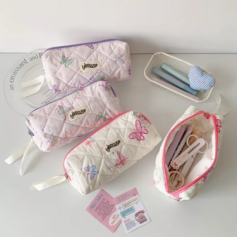 1 Piece Korean Fashion Aesthetic Butterfly Pencil Case Print Floral Pink Purple Color Stationery Storage School Student Pen Bag