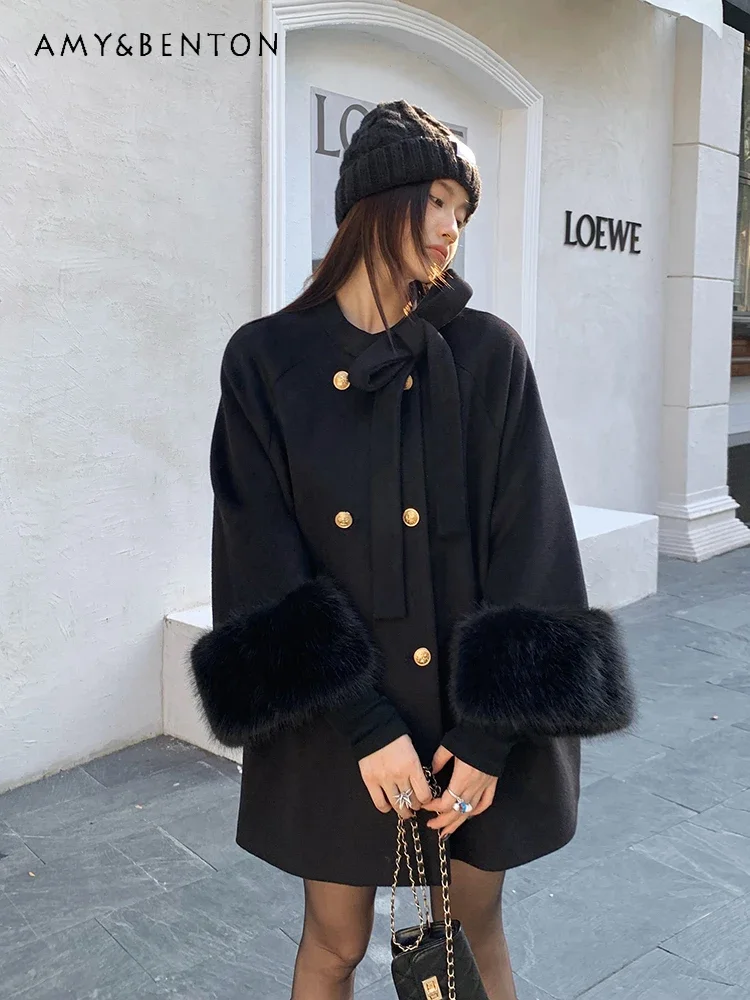 Hepburn Style Black Short Coat Women Winter New Sweet Bow French Elegant Loose Slim Wool Coat Socialite Princess Coats Female