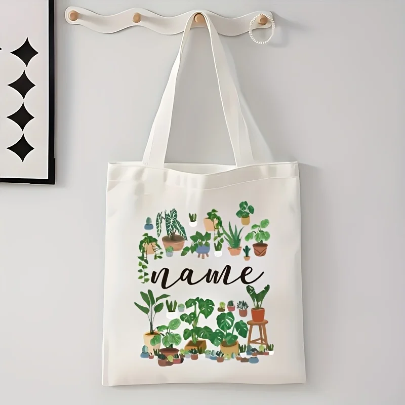 Personalized Custom Plant Lover Tote Bag Reusable White Shoulder Bag with Green Plant Illustrations Ideal Gift Plant Lover Gift