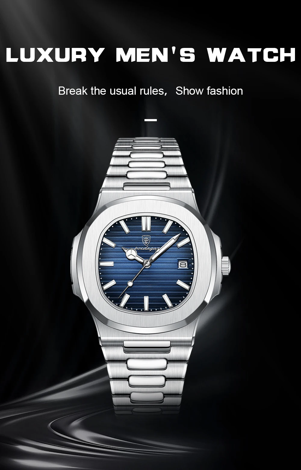 POEDAGAR Fashion Square Quarz Mann Uhr Wasserdicht Leucht Datum Edelstahl Uhren Für Männer Luxus Business Männer Armbanduhr – Detail 2