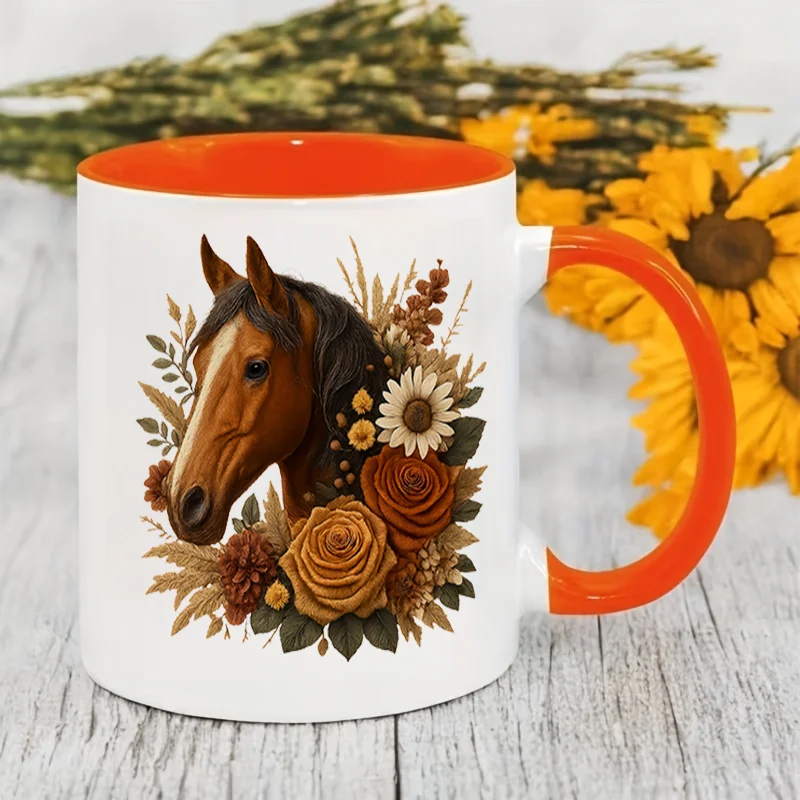 Horse Head With Flowers Colorful Print Ceramic Coffee Mug 11oz 350ml Personalized Custom Cute Aesthetic Microwave Safe Birthday