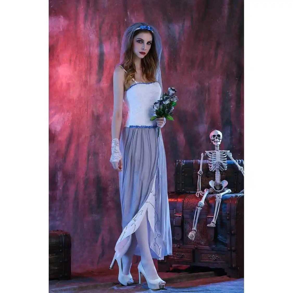 White Zombie Ghost Bride Costume loween Role Play Masquerade Ball Stage Performance Night Club Outfit Polyester Fiber