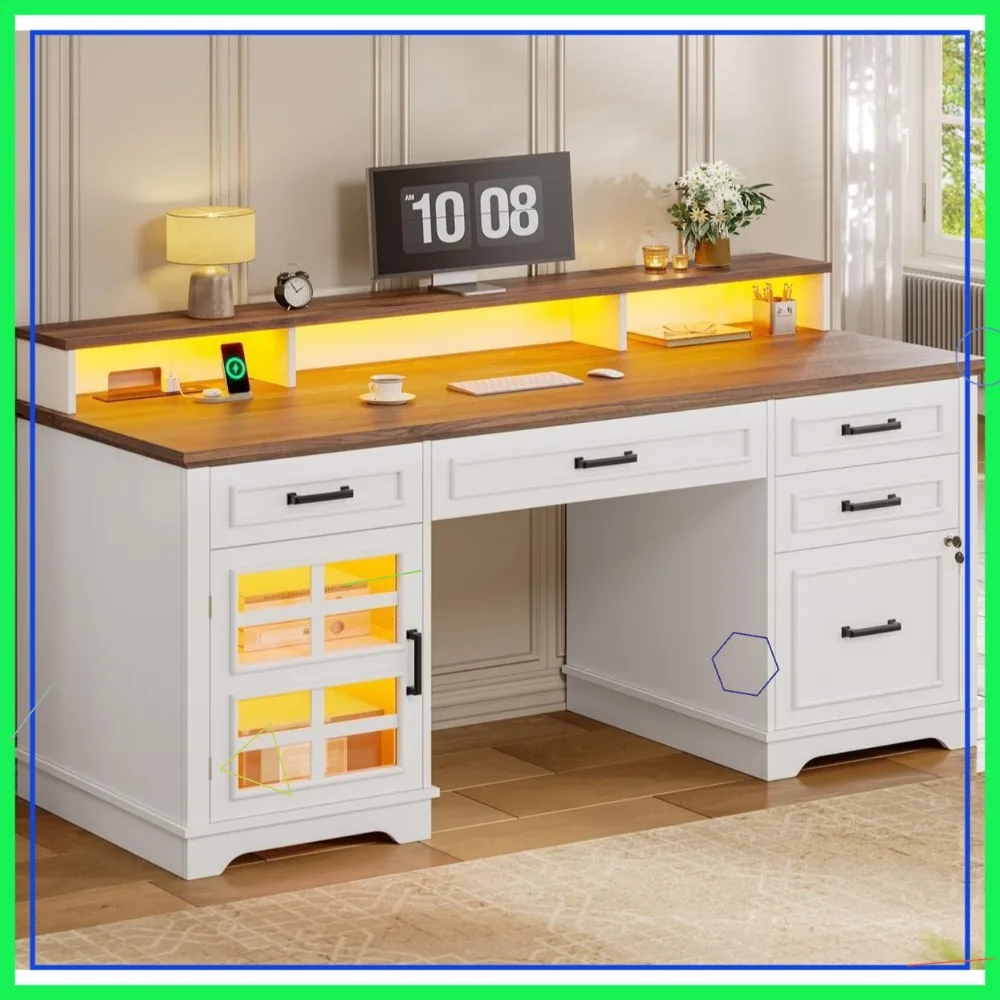 

60'' Farmhouse Executive Desk with Power Outlet, LED Light, Monitor Stand & 5 Drawers