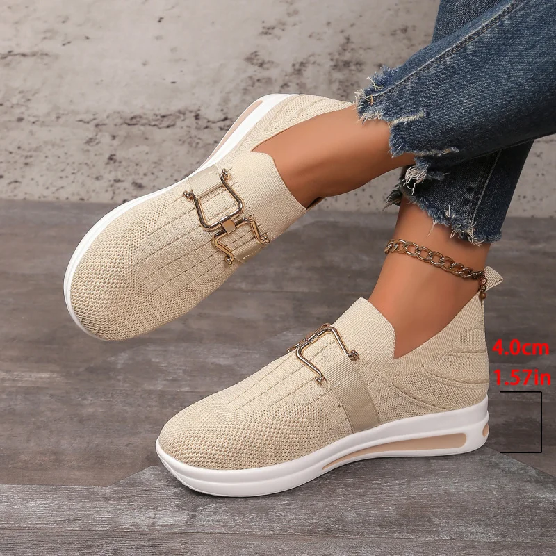 

European and American Style Large Size Mesh Shoes Thick-Soled Soft-Soled Metal Buckle Slip-On Knitted Breathable Women's Shoes
