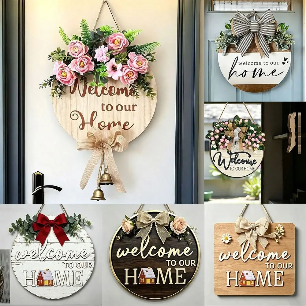 Durable 2D Flat Wooden Door Sign Floral Pattern Solid Wood Door Wreath Bow Pattern Wooden Welcome Sign Holiday Decorating