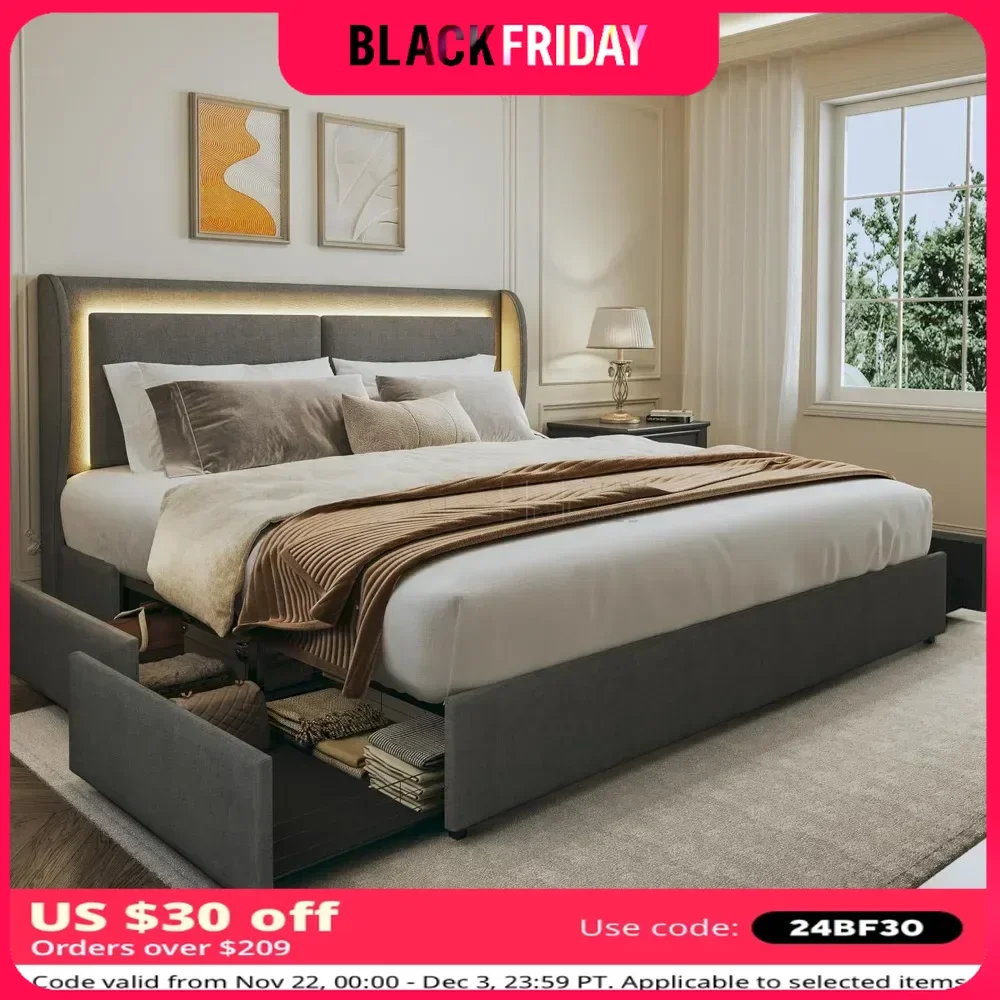 Queen Bed Frame with Storage Wingback Headboard Platform Bed Frame No Box Spring Needed No-Noise  Easy Assembly LED Bed Frame