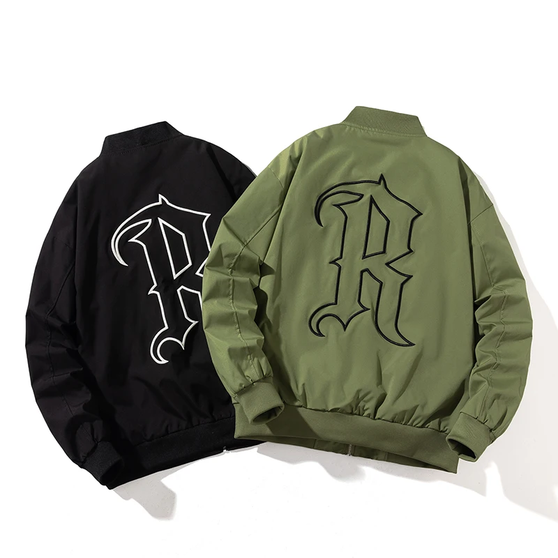 

Men's Bomber Jacket Fashion Letter Embroidered Jackets Vintage Baseball Coat Couple Windbreaker Army Green