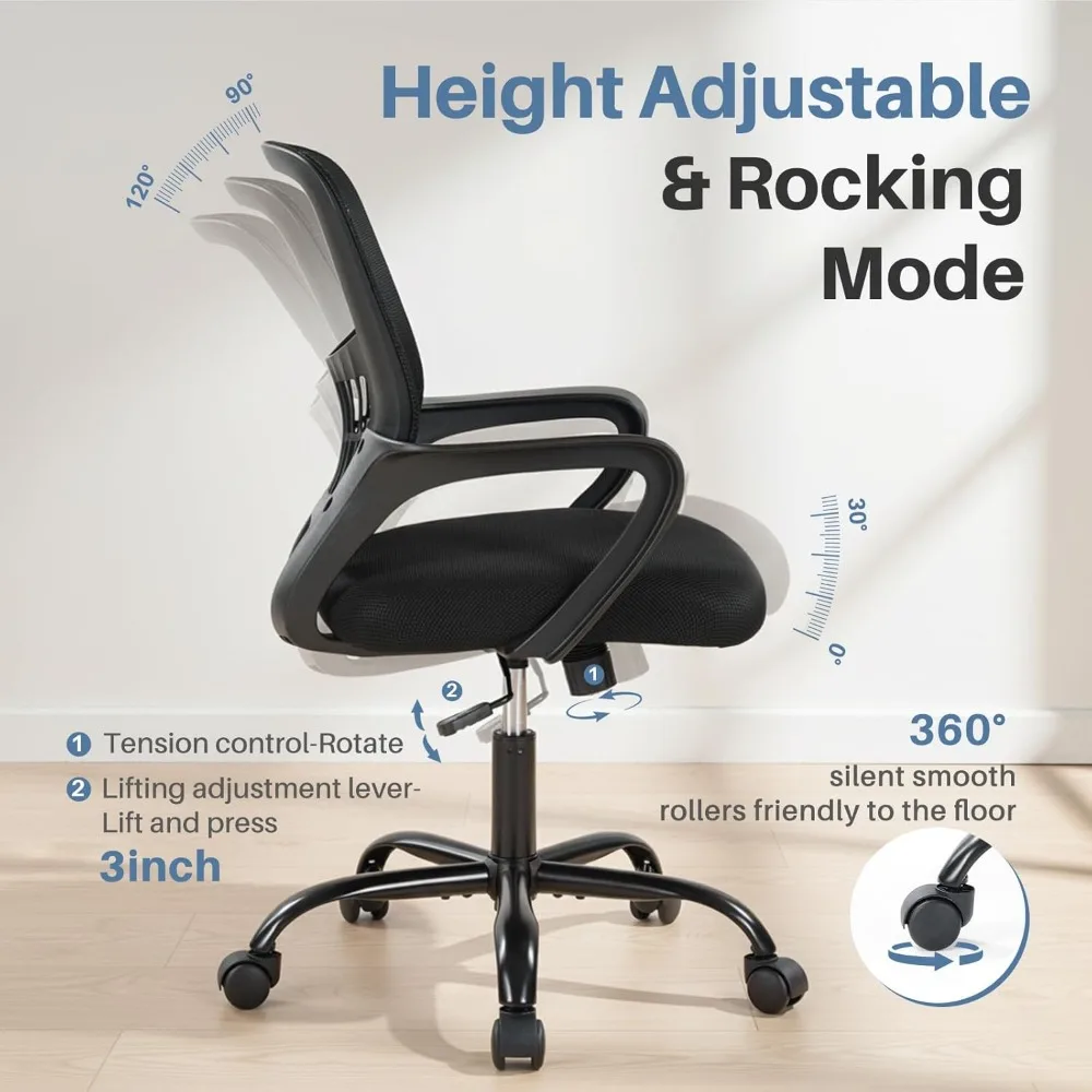 Ergonomic Office Chair with Lumbar Support, Adjustable Height, Rocking Mode & 360° Swivel - Black