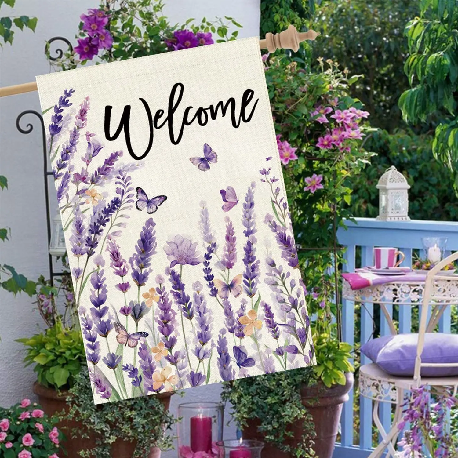 Baccessor Spring Summer Welcome Lavender House Flag 28 x 40 Inch Vertical Double Sided Burlap Butterfly Purple Floral Flower llz