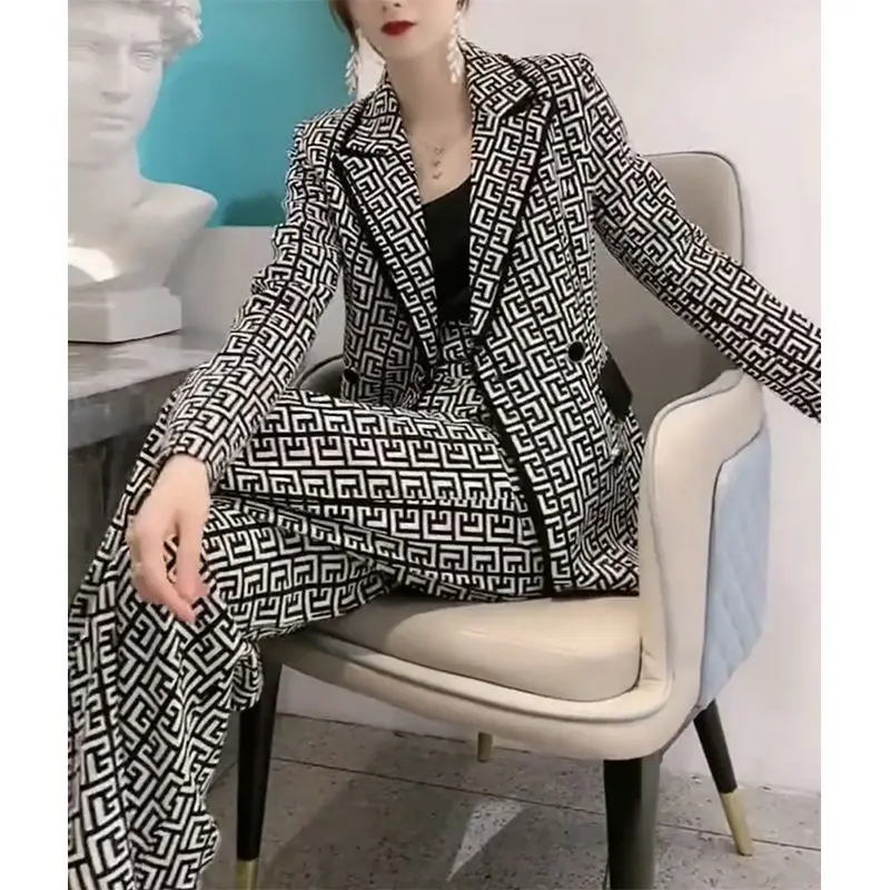 2024 Autumn New Printed Slim Fit Suit Jacket High Waist Straight-Leg Pants Suit Women