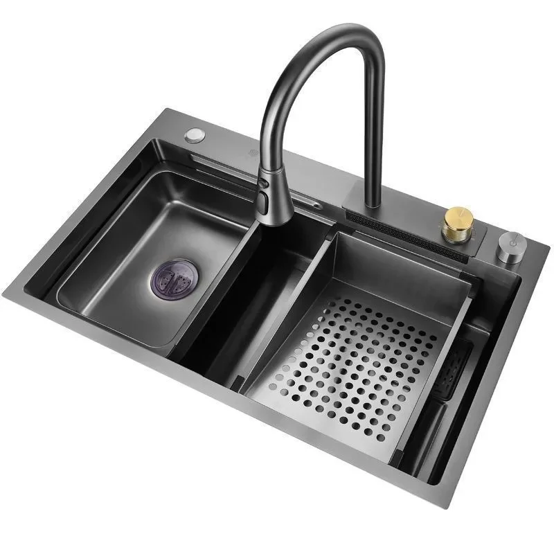 Kitchen 304 stainless steel rain waterfall sink household sink black nano large wash basin large single sink under