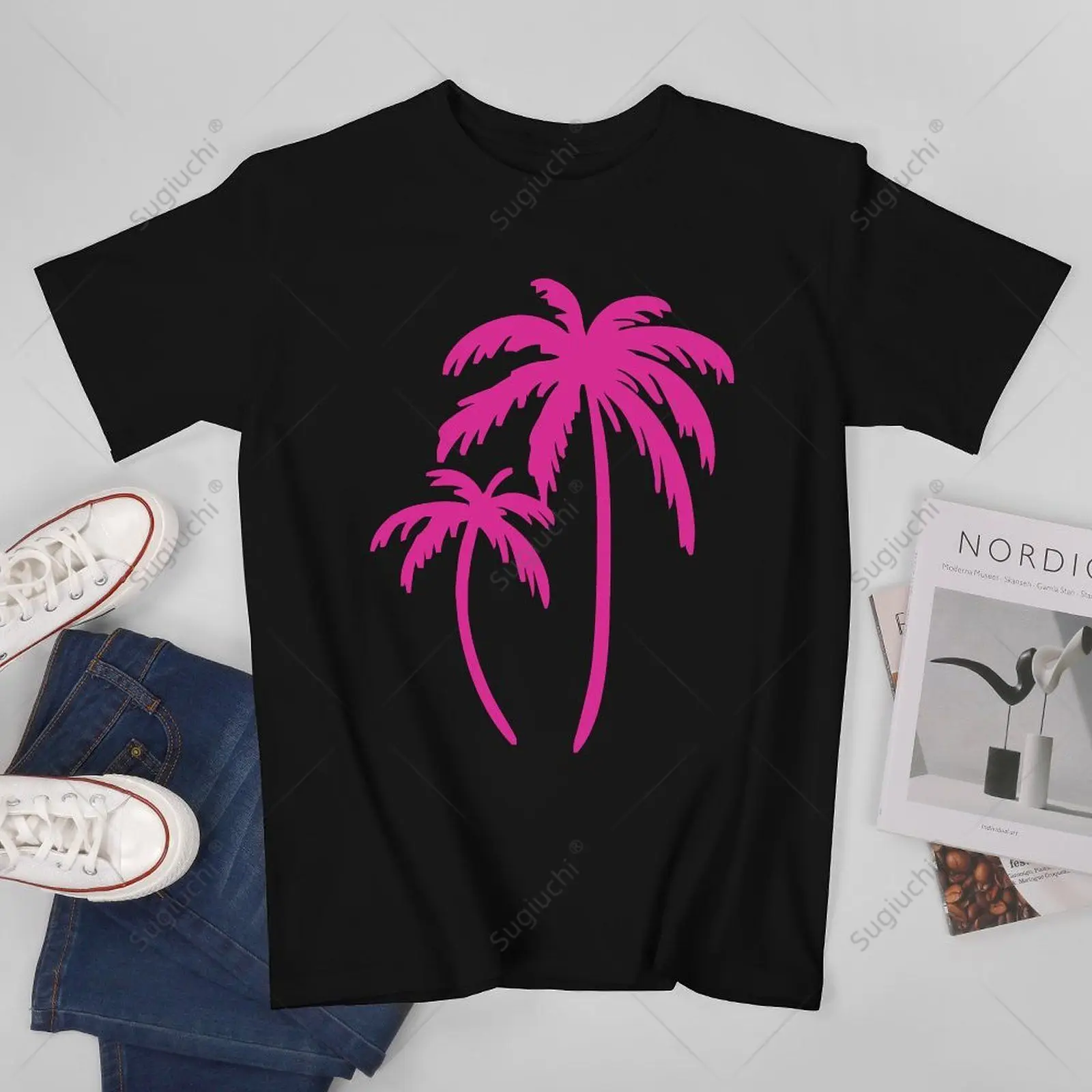 Unisex Men Pink Pocket Palm Tree Cute Hawaiian Summer Vacation Tshirt Tees T Shirts Women Boys 100% Cotton T-Shirt