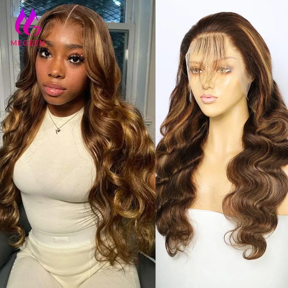 Megeen P4/27 Highlight Wigs Body Wave 13X4 Lace Front Wig Transparent Lace Frontal Wig Human Hair Honey Blonde Ombre Colored Wig