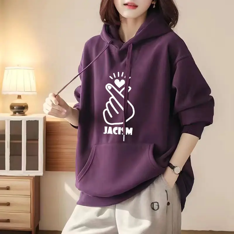 Autumn Winter Loose Fashion Female Solid Color Printed Hoodies All-match Long Sleeve Casual Pockets Sweatshirts Women's Clothing