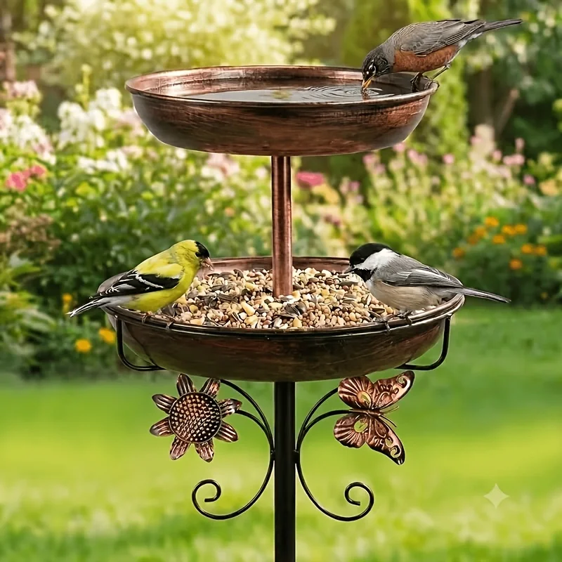 46in Dual-Layer Vintage Bird Bath And Feeder Set | Outdoor Rust-Resistant Five-Prong Ground Stakes Hummingbird Feeder Easy Cleaning Design Backyard Decor Classic Courtyard Accessories