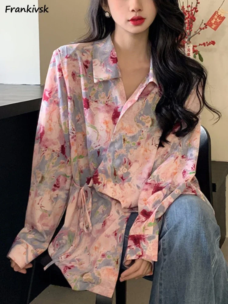 

Shirts Women Colorful Baggy Leisure Lace Up Popular Advanced Print Streetwear Versatile Elegant Office Lady Holiday Summer Chic