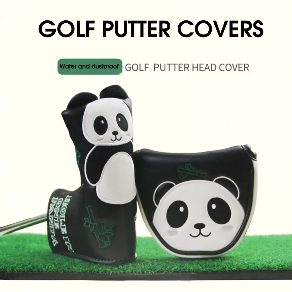 Golf Club Cover Semicircle/L-Shaped Thick Plush Panda Pattern Protective Waterproof Faux Leather Golf Putter Headcover Protector