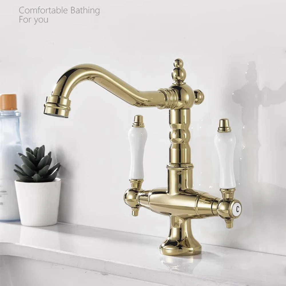 Basin Faucets Gold Brass Bathroom Faucets Industrial Style Sindle Hole Dual Handle Contemporary Water Mixer Tap  85537