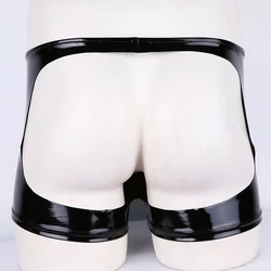 Open Butt Club Panites Man Faxu Leather Hollow Out Trunks Sexy Zip Pouch Underpants Eortic Lingerie Gay Men PVC Shorts