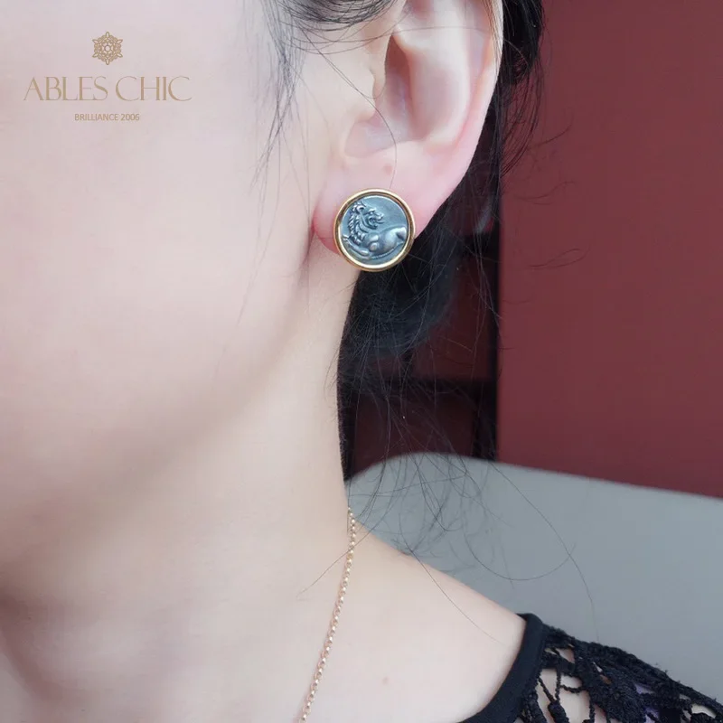 Ables Chic Ancient Coin Stud Earrings Solid 925 Silver Antique Sculpture Earrings C11E4S25981