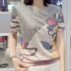 Summer New Fashion Luxury Loose Hot Diamond Printed Short Sleeved T-shirt Women's Patchwork Hollow Out Round Neck Versatile Tops