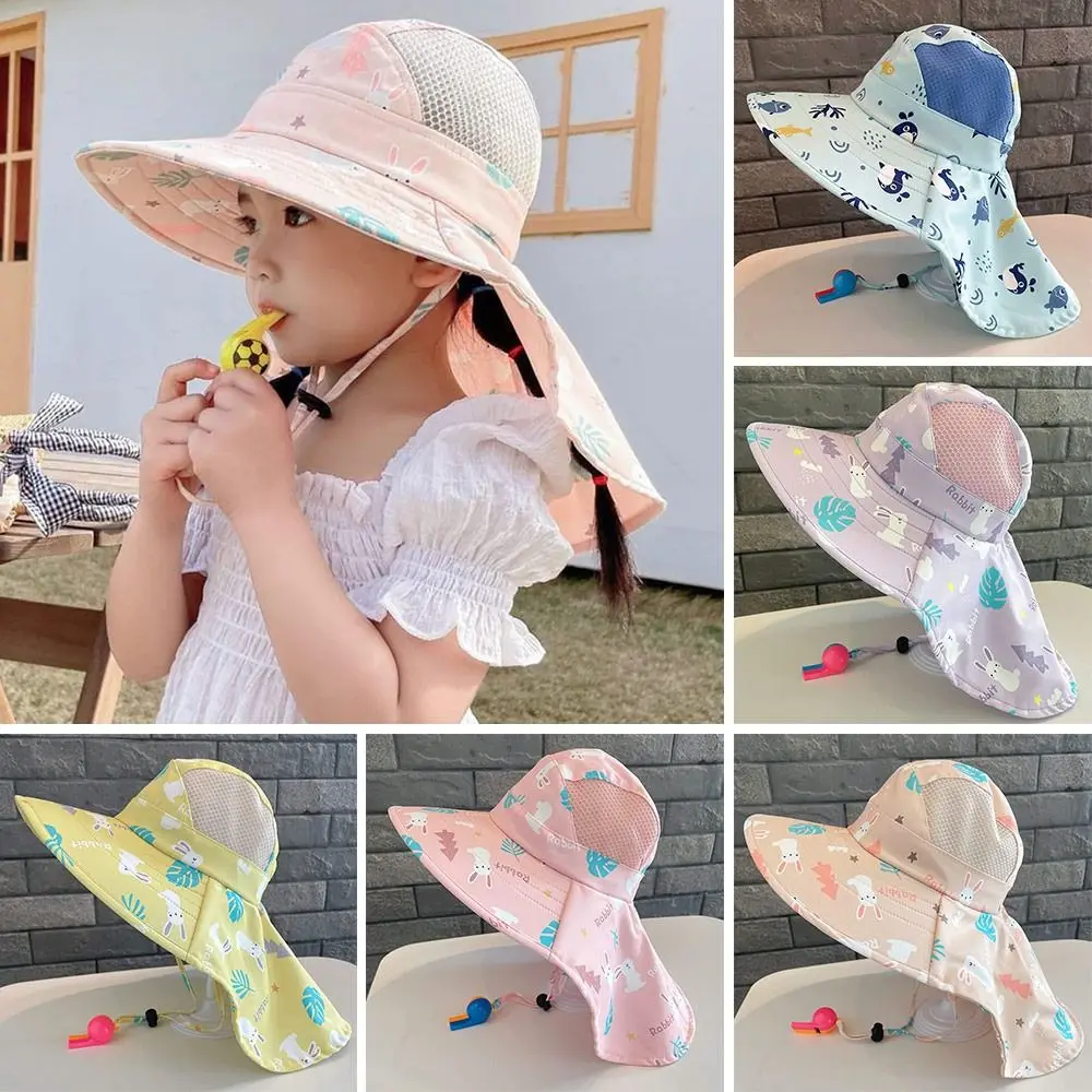 Summer Baby Sun Hat Bucket Cap With Whistle For Girls Boys Outdoor Neck Ear Cover Anti UV Kids Beach Caps