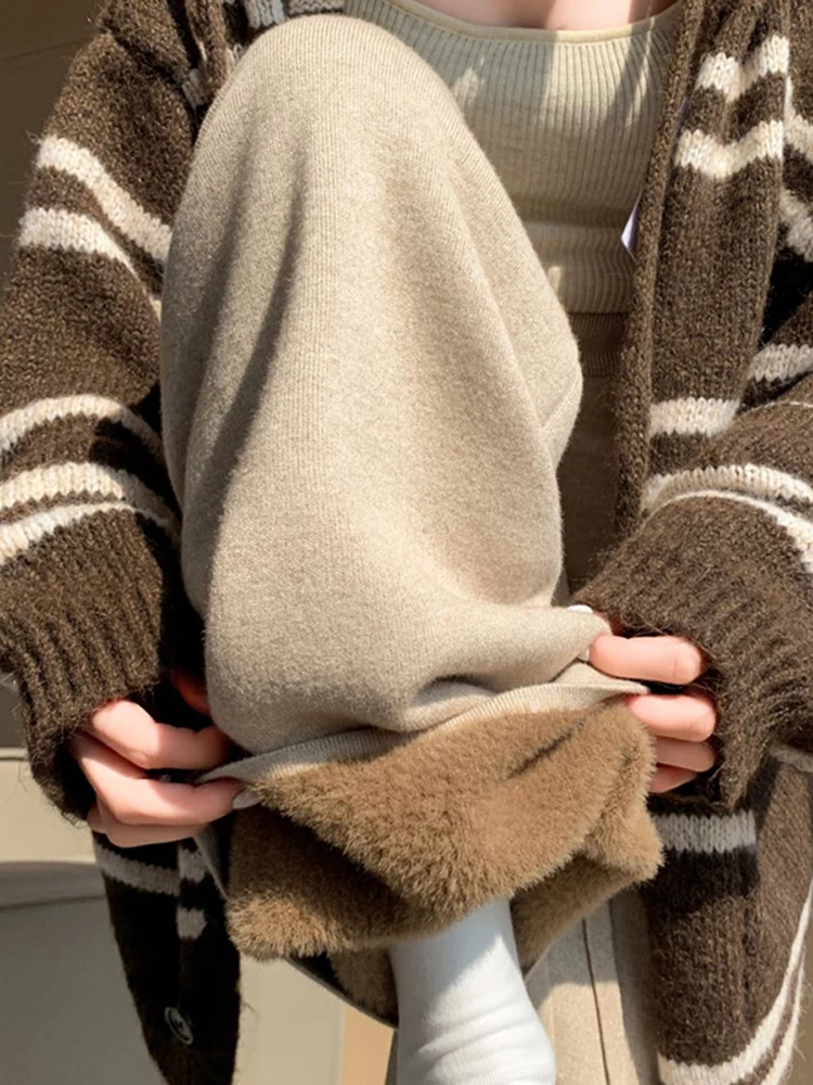 

Женские теплые хлопковые брюки с высокой талией, широкими штанинами, трикотажные, на флисовой подкладке, прямого кроя, в пол, для осени и зимы