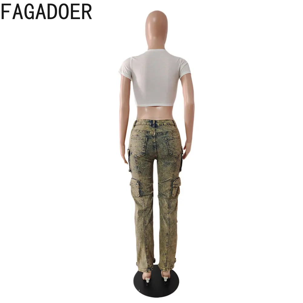 FAGADOER Fashion Streetwear Women High Waisted Button Skinny Jean Casual Solid Color Pocket Sporty Cowboy Pants Bottoms 2023 New