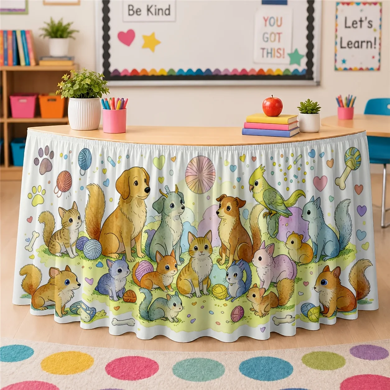 1 piece of tablecloth. Animal friend print tablecloth. Polyester. Fun. Imagination. Cute. Cartoon style. Restaurant.