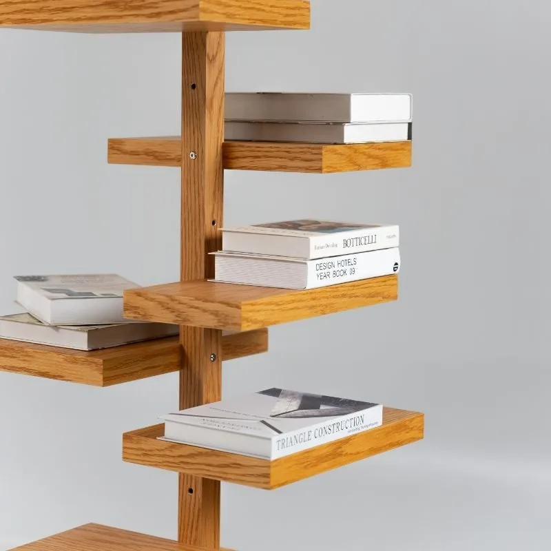 Square tray rotatable shelf Mid-style telescopic floor-to-ceiling bookshelf multi-functional solid wood