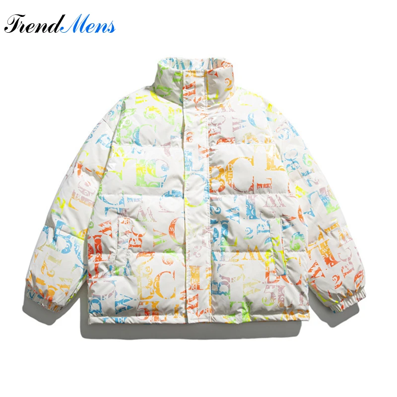 

2023 Winter Colorful Letter Full Print Standing Neck Down Coat Men Japanese Retro Hip Hop Trend Thicken Down Cotton Jackets