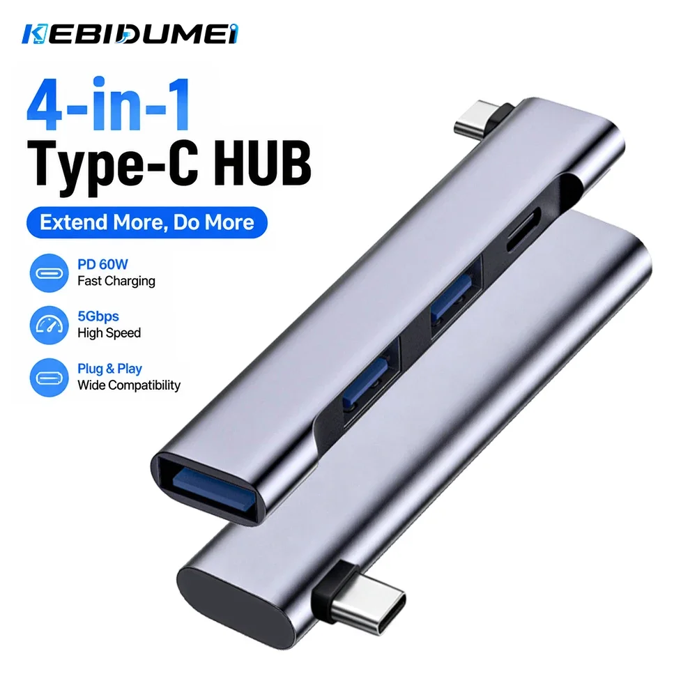 KEBIDUMEI 4 in 1 USB C Hub Type C to PD 60W USB 3.0 5Gbps Multi Splitter OTG Adapter For PC Tablet Macbook Docking Station