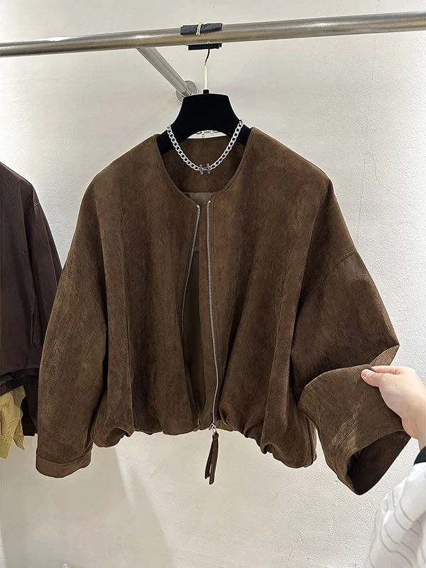 High-End European Style Suede Jacket Zipper Loose Fit round Neck Retro Women's Fashion Top Quality Material No Hat Included