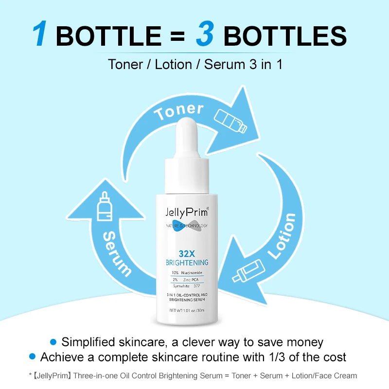 Jellyprim Facial Serum Whitening Skin Care Niacinamide Face Serum Brightening Oil Control Dark Spots Essence 3In-1 Beauty Health