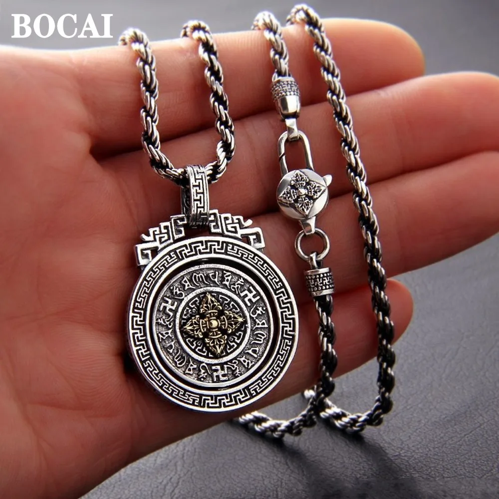 

BOCAI New s925 Pure Silver Jewelry Accessories Vajra Rotating Good Luck Men and Women Pendants Six Word Mantra Birthday Gift