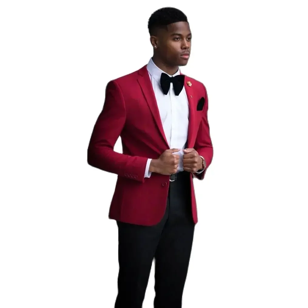 Prom Men Suits Blazer Terno Fashion Red Jacket Black Pants Notch Lapel Single Breasted Formal Occasion 2 Piece Jacket Pants