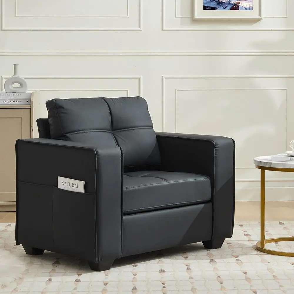 

Comfy Black Faux Leather Living Room Chair Reading Oversized Accent Chairs Tufted Mid Century Modern Arm Chair, Wide Armchair fo