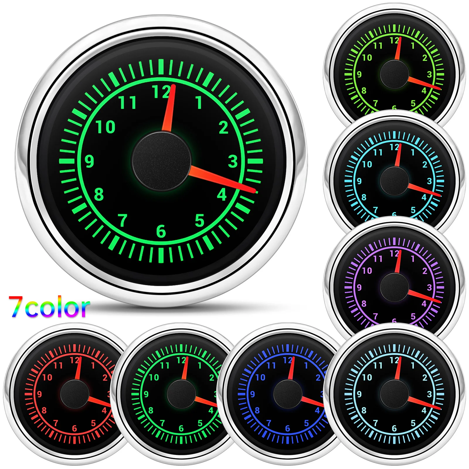 

7 Color Backlight Hours Instrument 52mm Clock Gauge 12-Hour Format Show Clock Hour Meter High Accuracy For Car Truck Yacht 9-32V