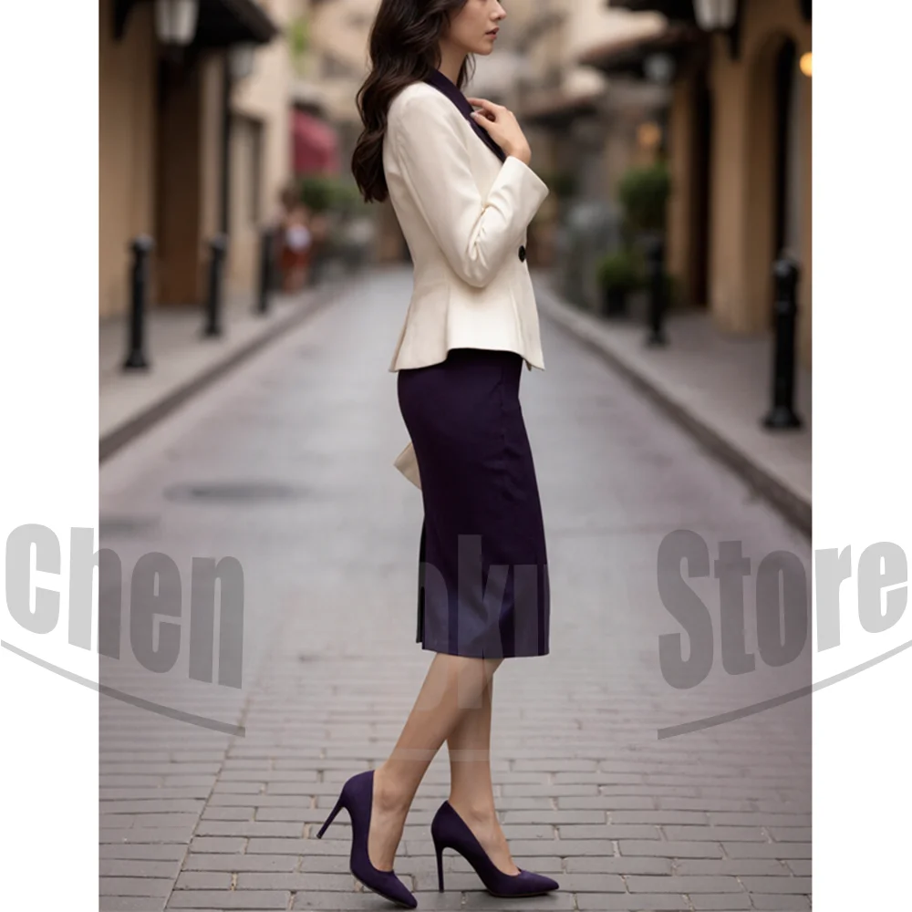 أزياء المرأة البدلة مجموعة الشق التلبيب زر واحد السترة مع تنورة مكتب رسمي الأعمال عارضة حزب الزي للسيدات 2 قطعة