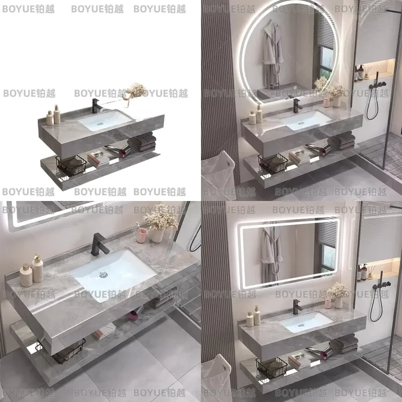 Modern Double Layer Bathroom Vanity with Ceramic Basin and Rock Slab Top Wall Mounted Washstand for Hotel Home Toilet Sink