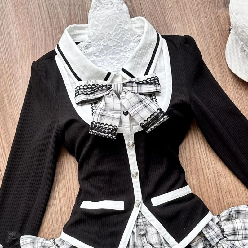 Autumn Preppy Style 2 Piece Sets Women Patchwork Bow Y2k Crop Blouse + Plaid Design Skirts Female Japanese Kawaii Chic Clothing