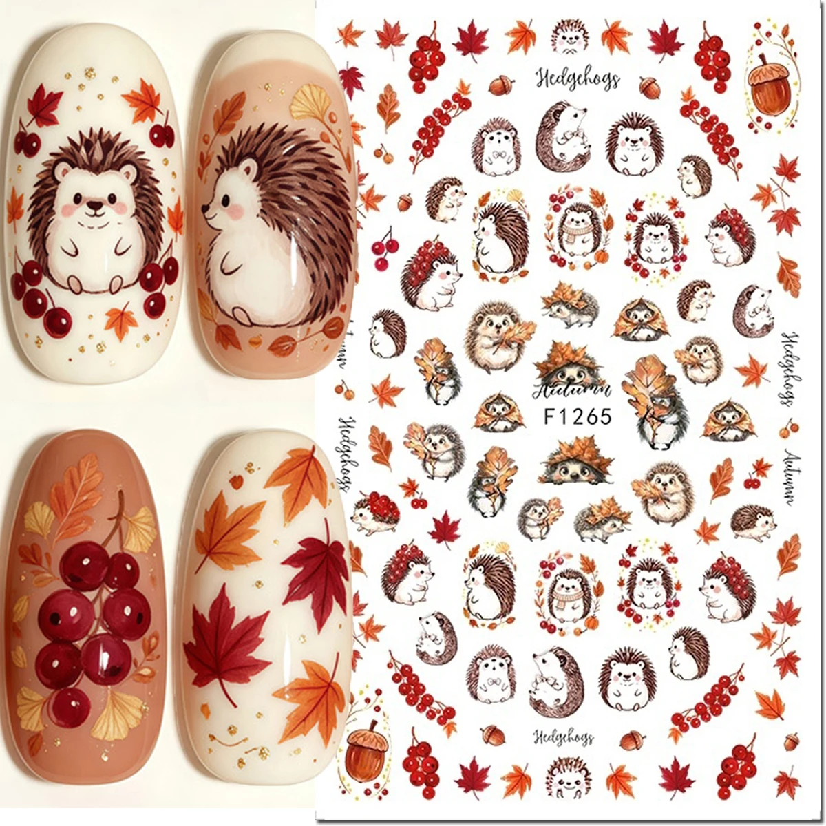 1-Sheet Autumn Maples Leafs Hedgepigs Xmas Red Fruits 3d Nail Stickers Nail Decals For Nails Tips Decorations