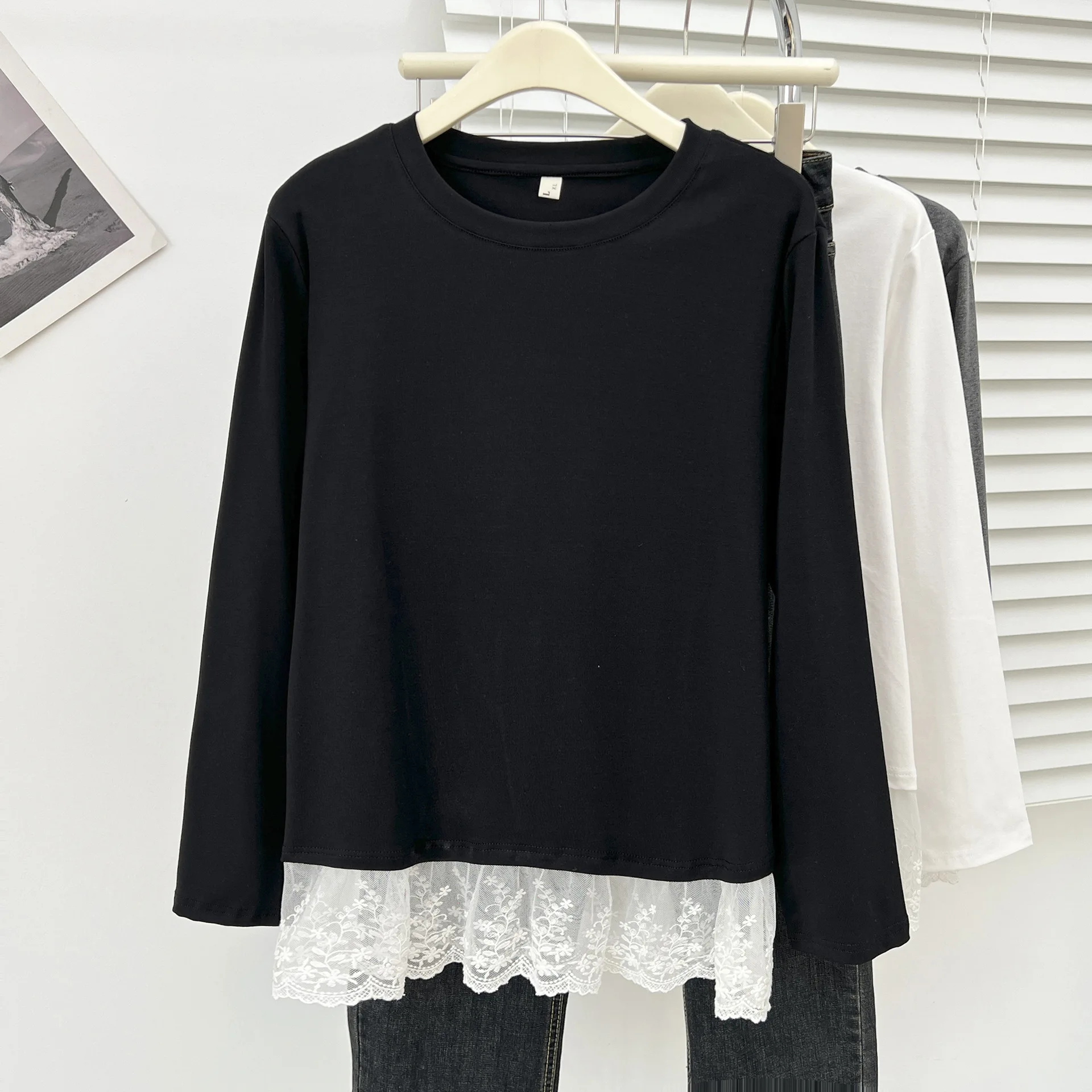 

Весенний топ больших размеров, новая женская футболка с длинными рукавами и кружевом весом 100 кг, 696