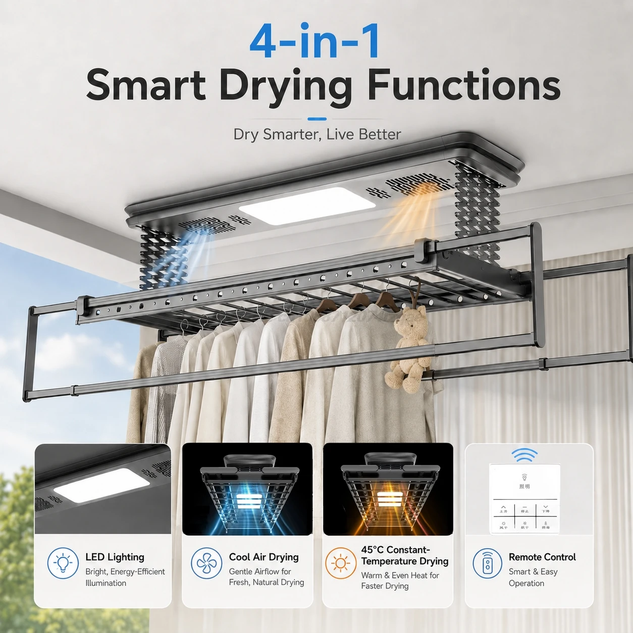 Clothes Drying Rack Fully Automatic Telescopic Lifting Intelligent Clothes Drying Rack Lighting Drying Indoor Balcony Foldable