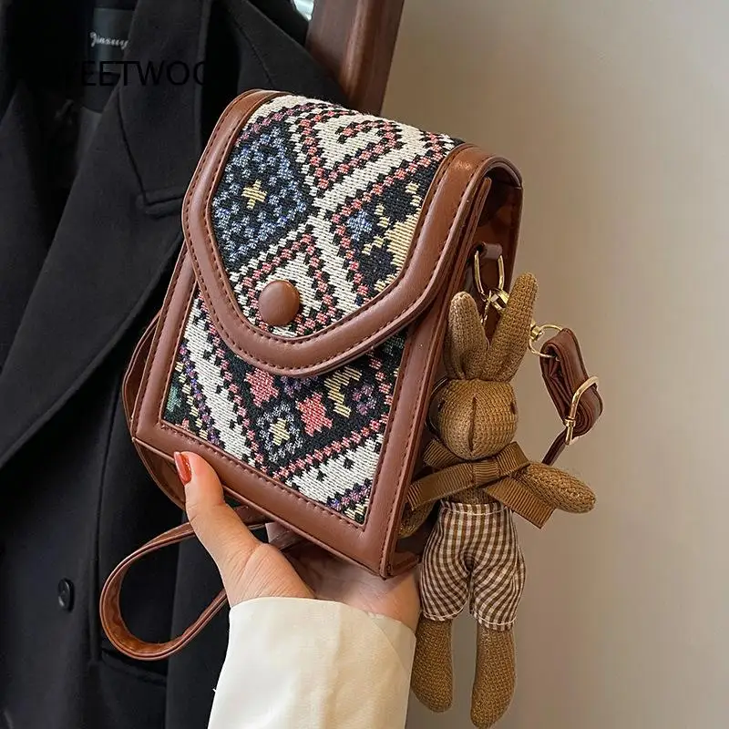 Retro Ethnic Pattern Crossbody Bag Small Canvas and Leather Trim Phone Purse with Optional Bunny Charm