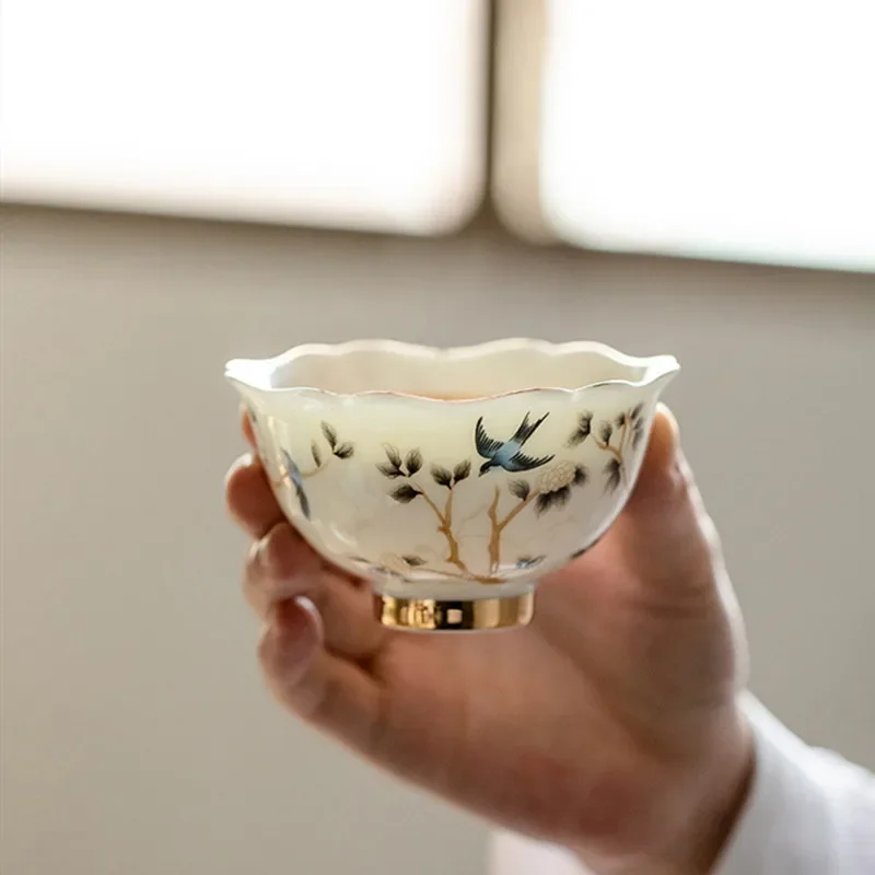 1 Pc Vintage Suede Jade White Porcelain Tea Cup Handmade Ceramic Tea Bowl Chinese Master Teacup Personal Meditation Cup Teaware